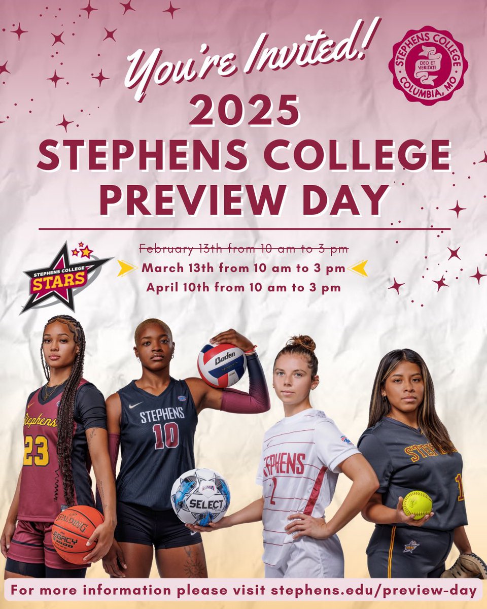 Tune in for Stephens College Preview Days!✨

Learn more about Stephens College, meet with Admissions, Financial Aid, and Student Experience officers, and more!

For more information, please visit Stephens.edu/preview-day
#StarsAthletics #StarsPreviewDay #StephensCollege