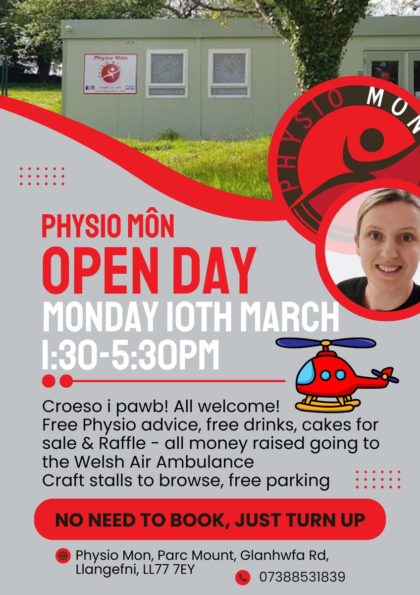 Open day Monday March 10th 1:30-5:30 croeso i pawb, all welcome.
Free physio advice
Cake sale and amazing raffle both for Welsh air ambulance.
Craft stalls.
Drop in, free parking. DM to buy raffle tickets if you can't make it.
Pls share 🫶 
<a href="/AngleseyScMedia/">Anglesey socialmedia</a> <a href="/whatsonanglesey/">What's On In Anglesey</a>