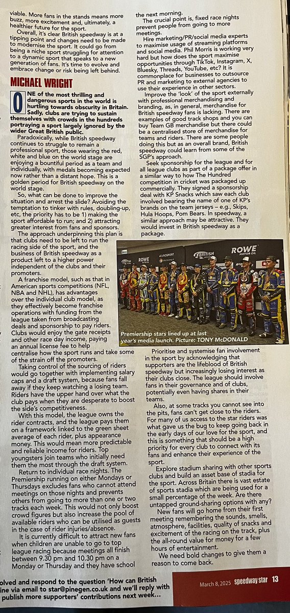 I’m delighted to have a piece I wrote published in the Speedway Star magazine today. Thoughts on the future of a sport that I care greatly about. It needs a major boost to make it viable in this country.