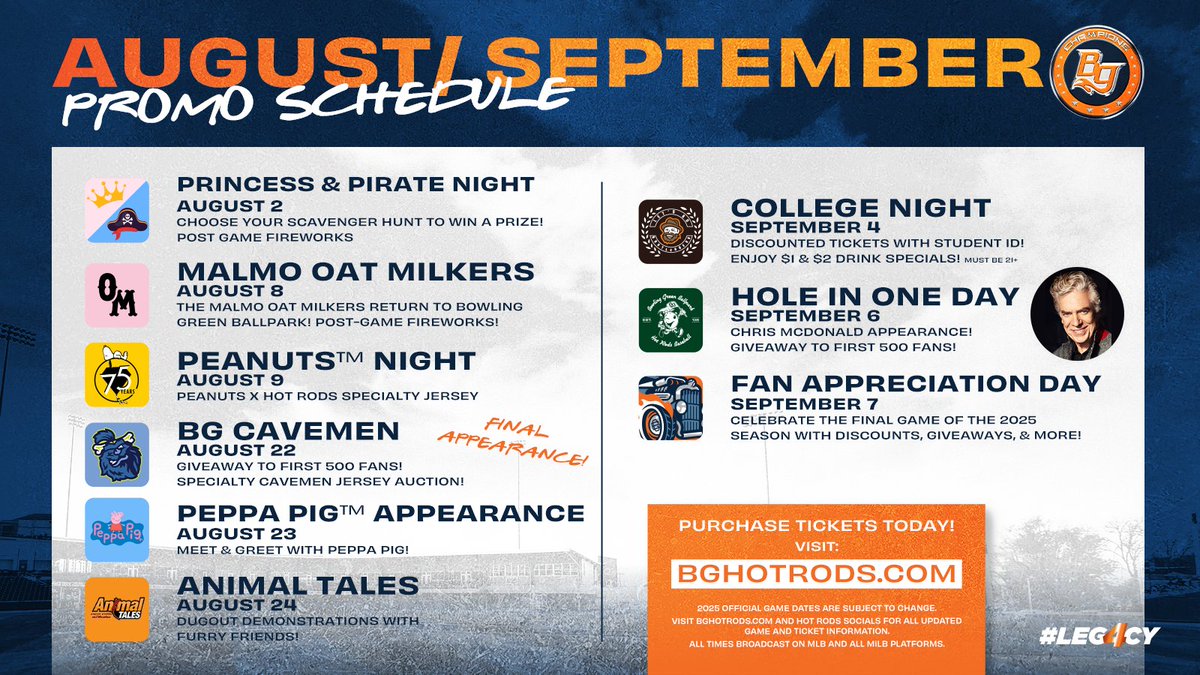 🗣️ THEME NIGHTS, THEME NIGHTS ‼️

The Hot Rods are excited to release their 2025 Promo Schedule!  Fans can welcome back College Night, Margaritaville™ Night, Hot Dog Night, Cavemen Night, and more!

New to the schedule this year are Scooby-Doo™, Blippi™, Peanuts™, and Peppa