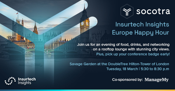 Join Socotra and our co-sponsor, ManageMy for a happy hour event at the start of Insurtech Insights Europe!

In addition to refreshments and opportunities to connect, attendees can collect their ITI conference badges early.

Save your spot: hubs.li/Q039Pwmk0