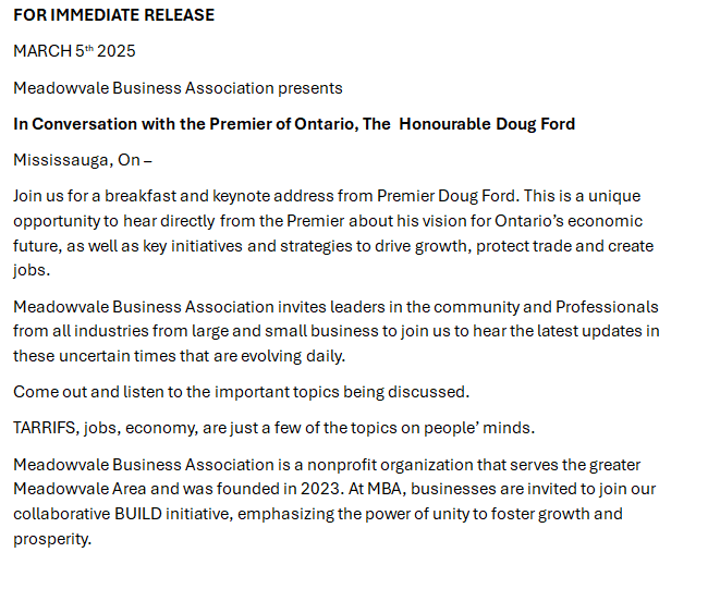 ColinDMello's tweet photo. Hmm. Weeks after giving the Progressive Conservatives an assist during the provincial election, Peter McCallion has sent out an invite for a "conversation with the Premier of Ontario."

It will be held at the Meadowvale Business Association which lists Sylvia Gualtieri - the MPP-elect who defeated Bonnie Crombie -- as a director. 

#onpoli