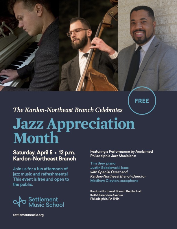 Settlement Music School’s Kardon-Northeast Branch, 3745 Clarendon Ave., will celebrate Jazz Appreciation Month on Saturday, April 5, at noon.

The free event will feature jazz music and refreshments and is open to the public.
patimes.media/net-news/auto-…