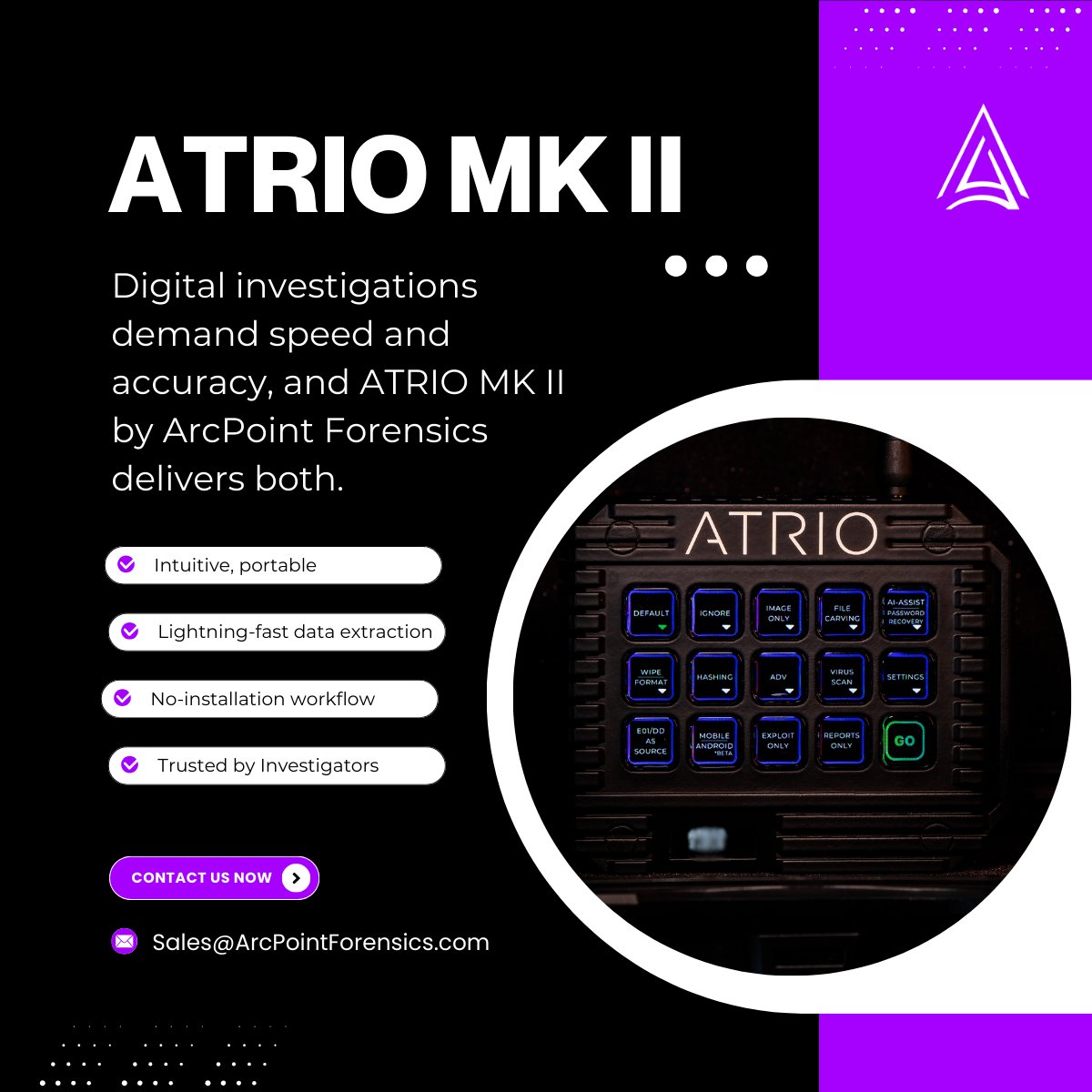 Join the experts who rely on ATRIO MK II to get answers faster. Ready to streamline your investigations? Let’s talk! 👇

@arcpointforensics.com

#DFIR #DigitalForensics #ATRIO #ForensicsTools #IncidentResponse