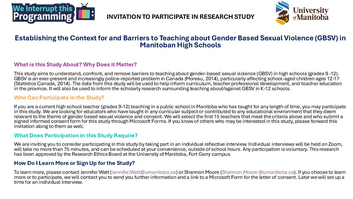 Dr. Jennifer Watt and Dr. Shannon Moore invite high-school teachers (grades 9-12) to participate in their research study: Establishing the Context for and Barriers to Teaching about Gender.