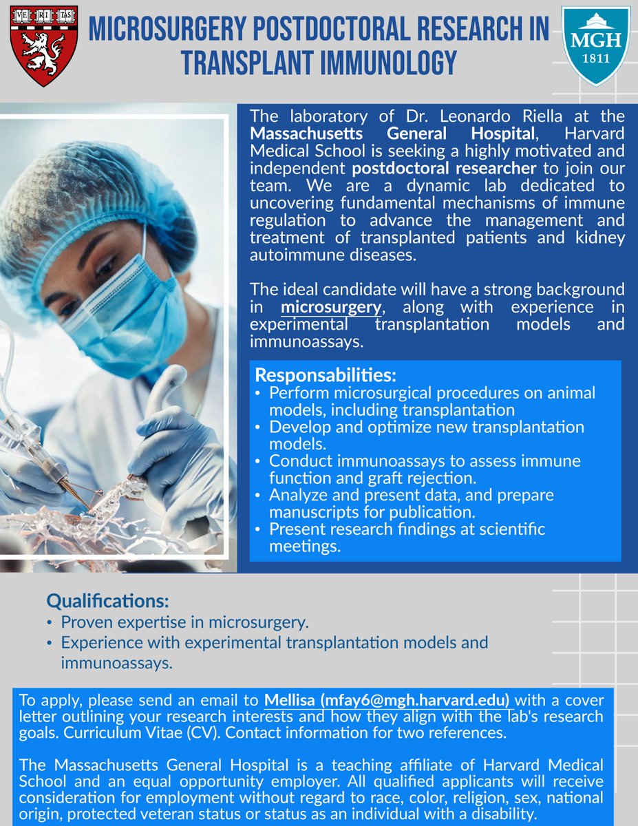 Thiago J Borges, PhD (@thiagojborges) on Twitter photo 🚨 Great Opportunity! 🚨
The <a href="/LVRiella/">Leonardo V. Riella</a> lab, <a href="/mgh_transplant/">Mass General Transplant</a>, is seeking a Postdoc in Transplant Immunology with expertise in Microsurgery.
📍 Apply now! #Postdoc #Microsurgery #TransplantResearch 🚨 Great Opportunity! 🚨
The <a href="/LVRiella/">Leonardo V. Riella</a> lab, <a href="/mgh_transplant/">Mass General Transplant</a>, is seeking a Postdoc in Transplant Immunology with expertise in Microsurgery.
📍 Apply now! #Postdoc #Microsurgery #TransplantResearch