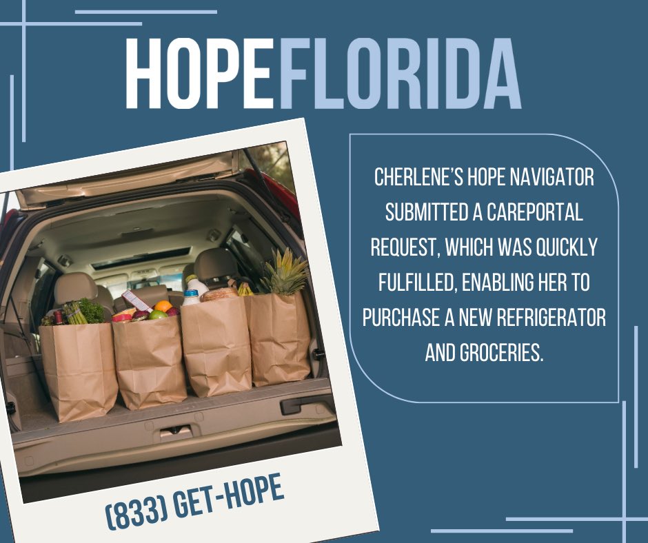 HopeFlorida's tweet photo. Cherlene, a working single mom of three, was struggling to provide enough food for her family because her refrigerator had broken. Cherlene’s Hope Navigator submitted a CarePortal request, which was quickly fulfilled, enabling her to purchase a new refrigerator and groceries. https://t.co/TnsduI8hdU
