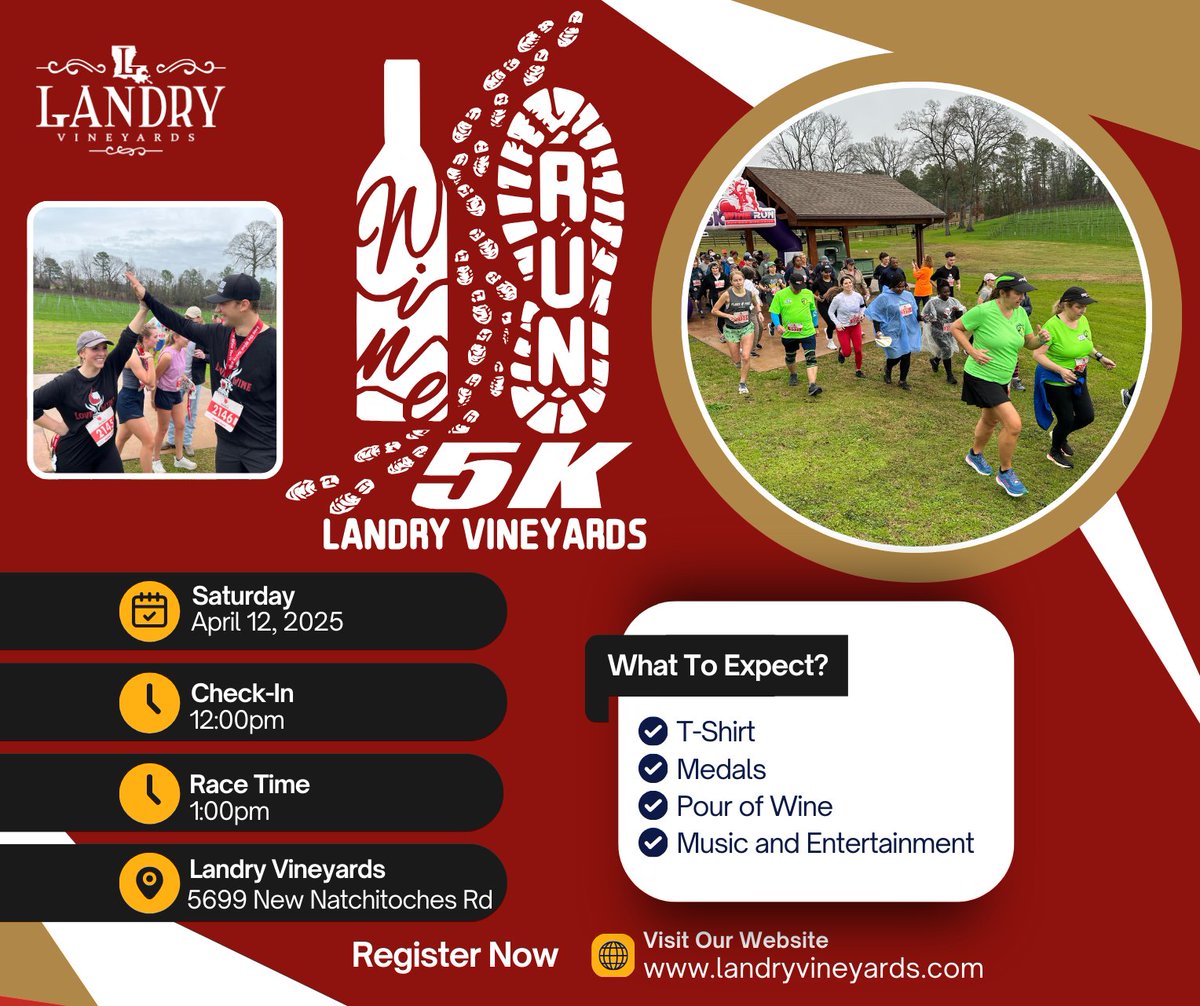 Sign up for our exciting 5k Wine &amp; Vineyard Run that features the amazing scenery and landscape of Landry Vineyards! 

Saturday, April 12 at 1:00.

Details &amp; registration here: bit.ly/4hdY7KC