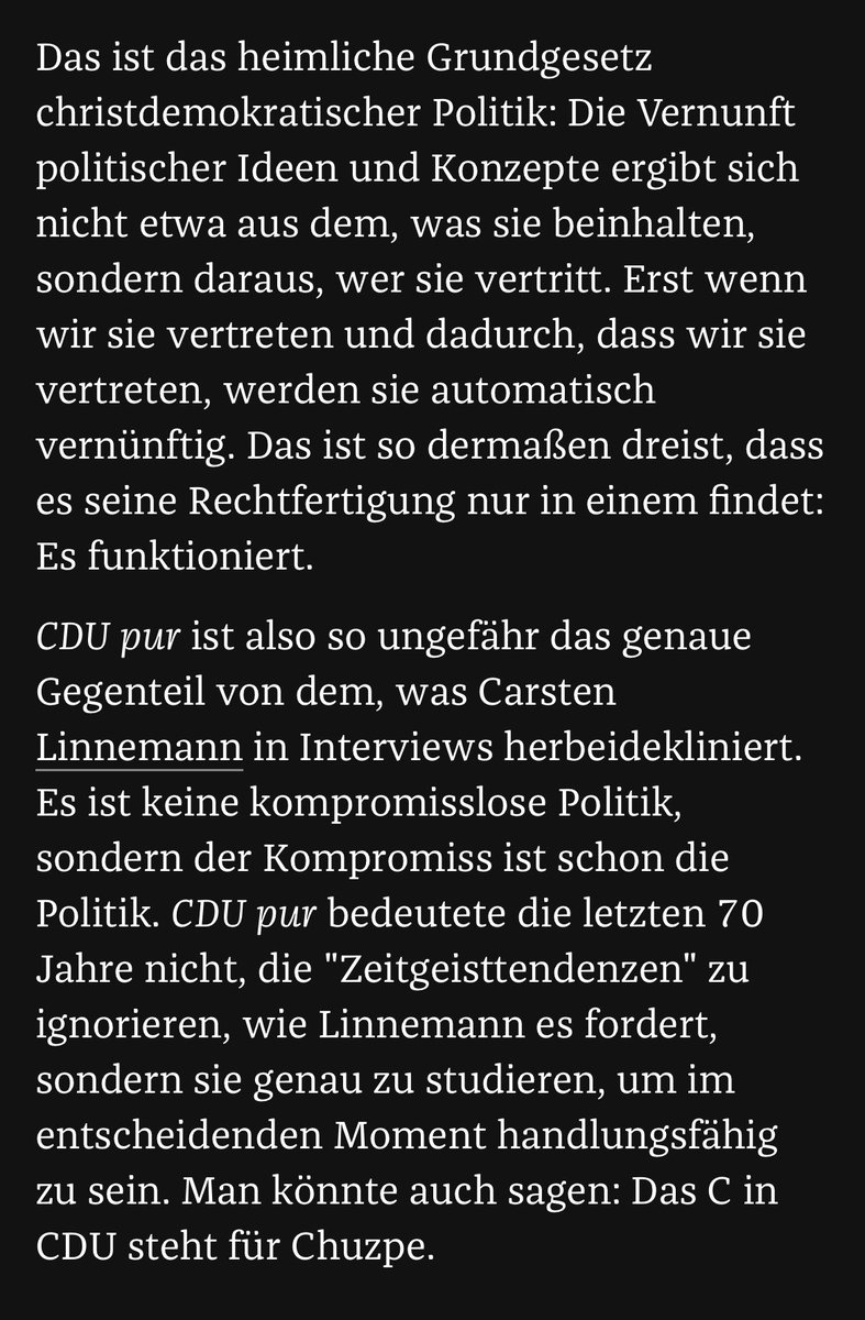 „Einstweilen kann man froh sein, dass Merz das Erfolgsrezept der CDU noch zu kennen scheint. Denn zur Gefahr für sich selbst wird der Konservatismus nicht, wenn er seine Versprechen bricht. Sondern wenn er glaubt, sie auf Teufel komm raus erfüllen zu müssen.“ Jetzt <a href="/zeitonline/">DIE ZEIT</a>