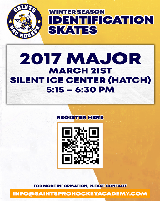 Saints Pro Hockey Academy is hosting a 2017 Major ID Skate on March 21st! Check out the details in the graphic below!

Register here: bit.ly/4ktg8HK