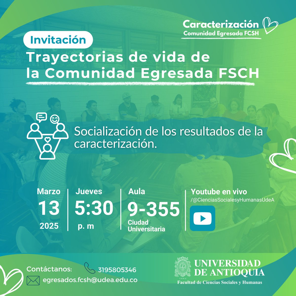 Trayectorias de vida de la Comunidad Egresada FSCH

Te invitamos a la socialización de los resultados de la caracterización de nuestra comunidad egresada. 
Jueves 13 a las 5:30 p.m.
Ciudad Universitaria, aula 9-355, 
Transmisión en vivo por YouTube
#EgresadosFSCH #ComunidadFSCH