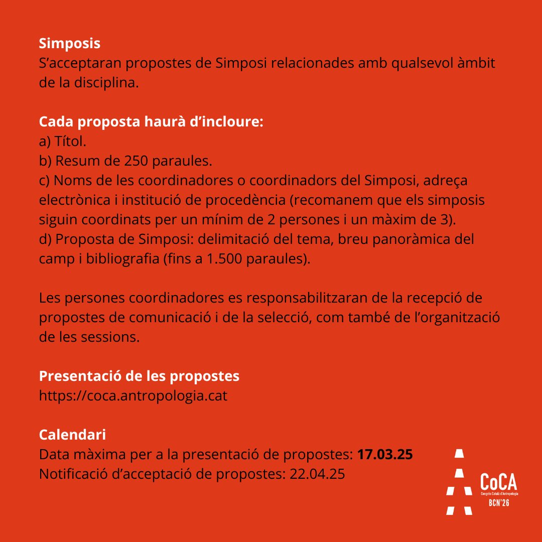 📢 Ja heu enviat el vostre simposi al COCA'26? 📝✨

⏳ Data límit: 17 de març ⏳

🔗 Inscriviu-vos i feu la vostra proposta a 👉 coca.antropologia.cat