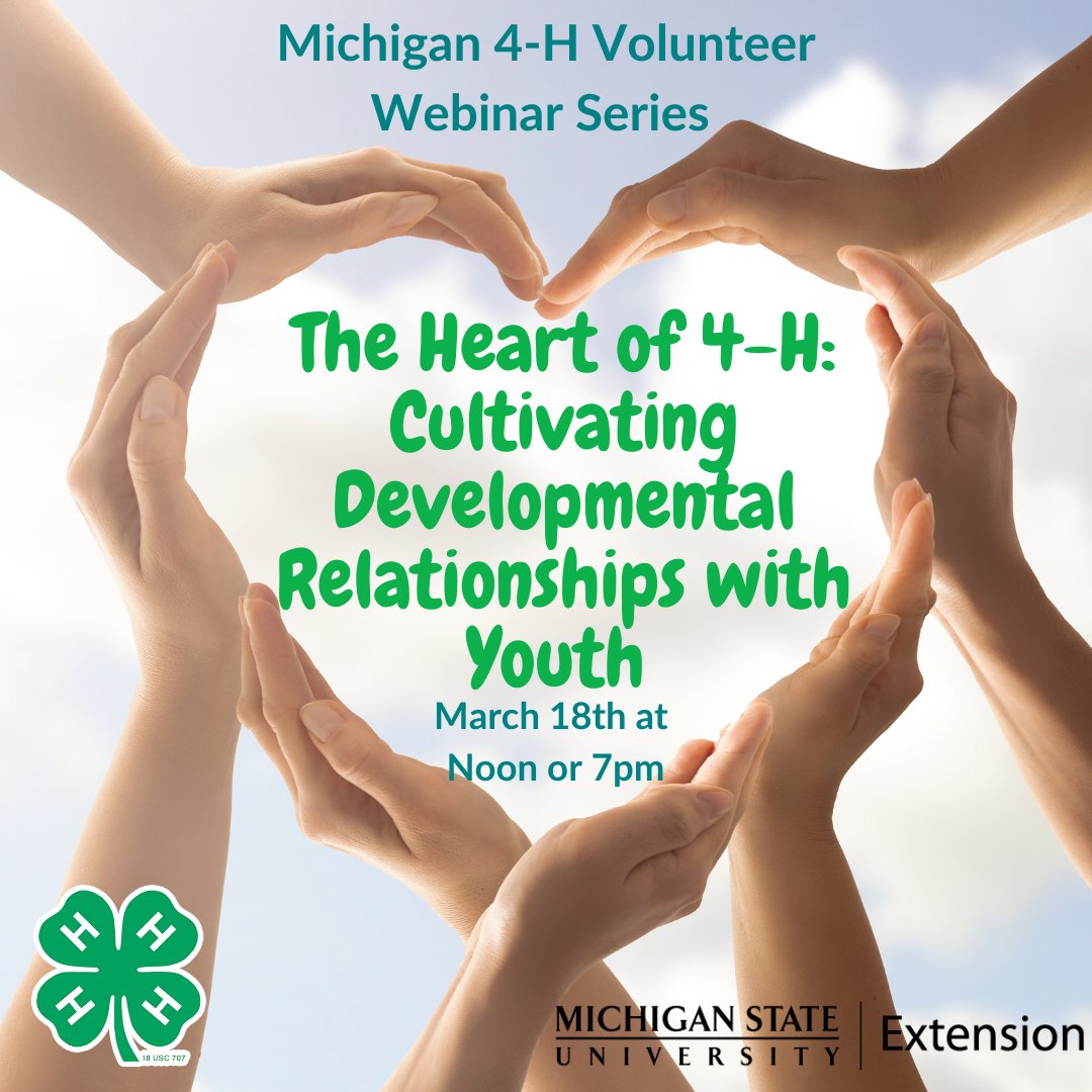 MI4HFoundation's tweet image. Join us for The Heart of 4-H: Cultivating Developmental Relationships with Youth – a webinar designed to help you build meaningful connections with young people. Gain practical tools to foster trust, spark growth, & support youth in impactful ways!
canr.msu.edu/volunteering/m…