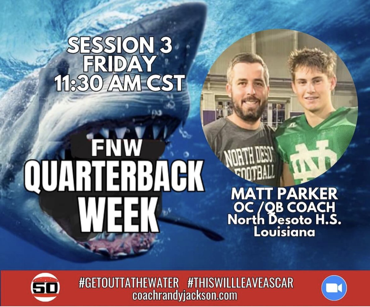 QB Week Cont!

Friday, we’re diving deep w <a href="/MattParker_03/">Matt Parker</a> of <a href="/NDGriffinFB/">North DeSoto Football</a>!

Matt will break down:
-Game prep &amp; mechanics
-Decision-making &amp; intangibles
-How he coaches QBs during the week &amp; in the heat of battle

All sessions recorded!

<a href="/CoachJacksonTPW/">Randy Jackson</a>
<a href="/BlueprintMP/">TheBlueprint</a>