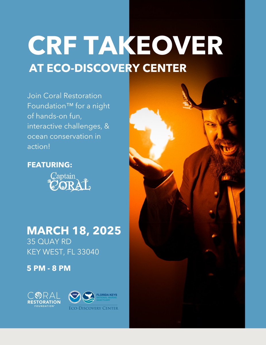 Boys and girls of all ages, we want to see you tomorrow night in Key West when Coral Restoration Foundation takes over our Eco-Discovery Center for a night of interactive fun featuring Captain Coral.  FREE, FREE, FREE.  See you between 5-8 p.m.

#NOAA #Corals