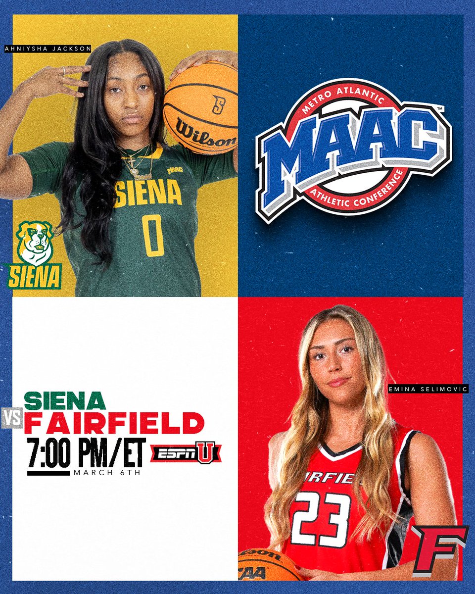 #MAACHoops (@maachoops) on Twitter photo A Top 3️⃣ Matchup 👀
"U" don't wanna miss this ‼️
<a href="/Siena_WBB/">Siena Women’s Basketball</a> 🆚 <a href="/StagsWBball/">Fairfield Women’s Basketball</a>
🕗 : 7 PM ET
📺:<a href="/ESPNU/">ESPNU</a>
#MAAChoops x #mACchoops25 A Top 3️⃣ Matchup 👀
"U" don't wanna miss this ‼️
<a href="/Siena_WBB/">Siena Women’s Basketball</a> 🆚 <a href="/StagsWBball/">Fairfield Women’s Basketball</a>
🕗 : 7 PM ET
📺:<a href="/ESPNU/">ESPNU</a>
#MAAChoops x #mACchoops25