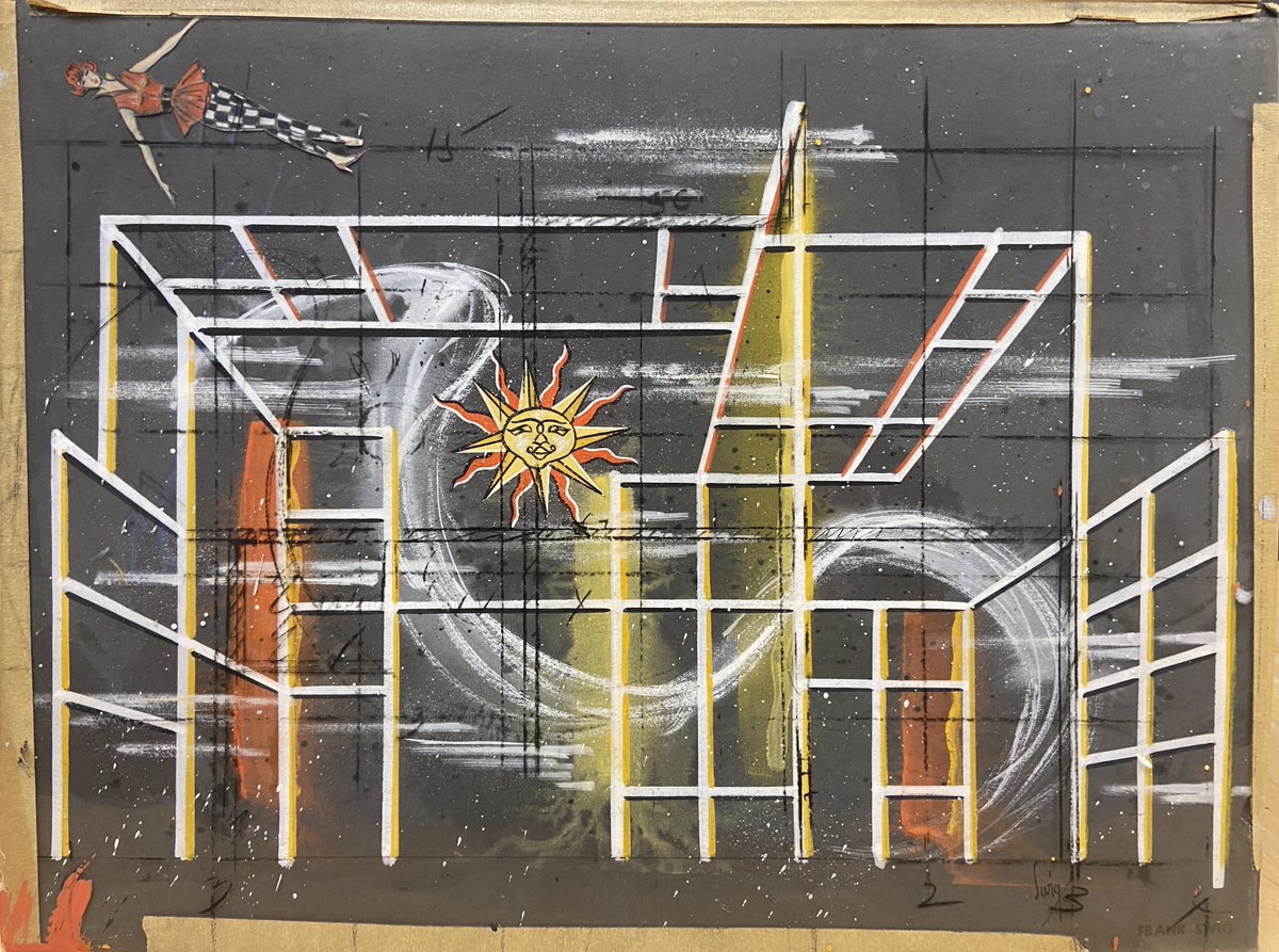 This cool mid-century study for a backing is signed by Frank Swig, an Art Director who joined the Television Section of the Society of Motion Picture Art Directors in 1952.  According to a resume in his membership file, Swig worked on dozens of television variety shows and