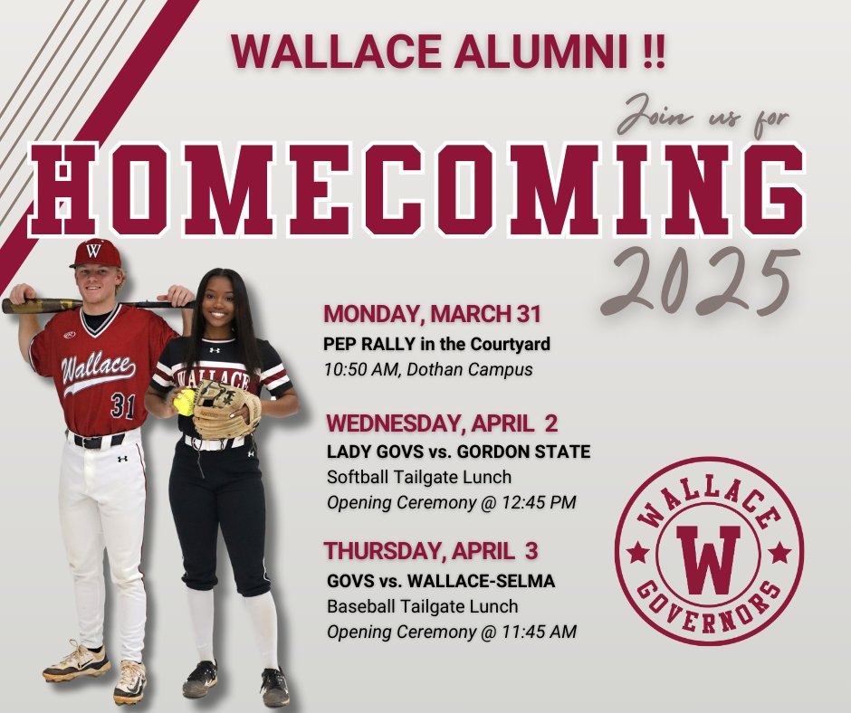 Wallace Community College (@wccdothan) on Twitter photo 📣 Wallace Alumni! It's Homecoming Week March 31- April 4! 🎉 Join us for a pep rally and tailgate lunches at our softball & baseball games! Come home & show your Govs pride! 🔴⚫ #GoGovs #WCC2025HOCO 📣 Wallace Alumni! It's Homecoming Week March 31- April 4! 🎉 Join us for a pep rally and tailgate lunches at our softball & baseball games! Come home & show your Govs pride! 🔴⚫ #GoGovs #WCC2025HOCO