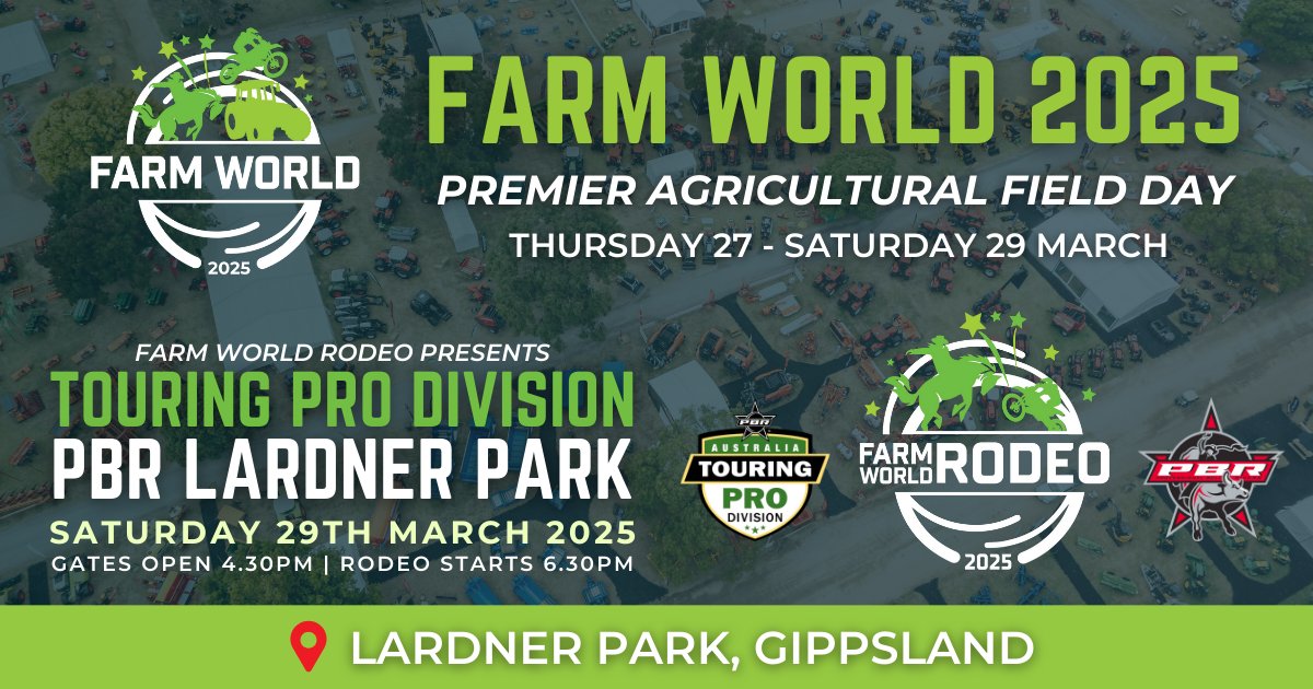 🌾🐂 Farm World is back, bigger than ever!

Explore 100 acres of exhibits, from machinery to local produce. See Cattle Corner, alpaca walks, Freestyle Kings motocross, &amp; PBR Rodeo! 🐎🔥

Relax with live music &amp; local brews.

Victoria's premier ag event! 🎟️ tblink.to/FarmWorld25
