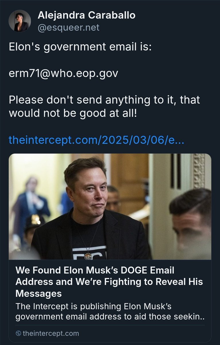 Dallas Holladay, DO (she/her) (@dallas_holladay) on Twitter photo Elon's government email is:
erm71@who.eop.gov
Please don't send anything to it, that would not be good at all! Elon's government email is:
erm71@who.eop.gov
Please don't send anything to it, that would not be good at all!