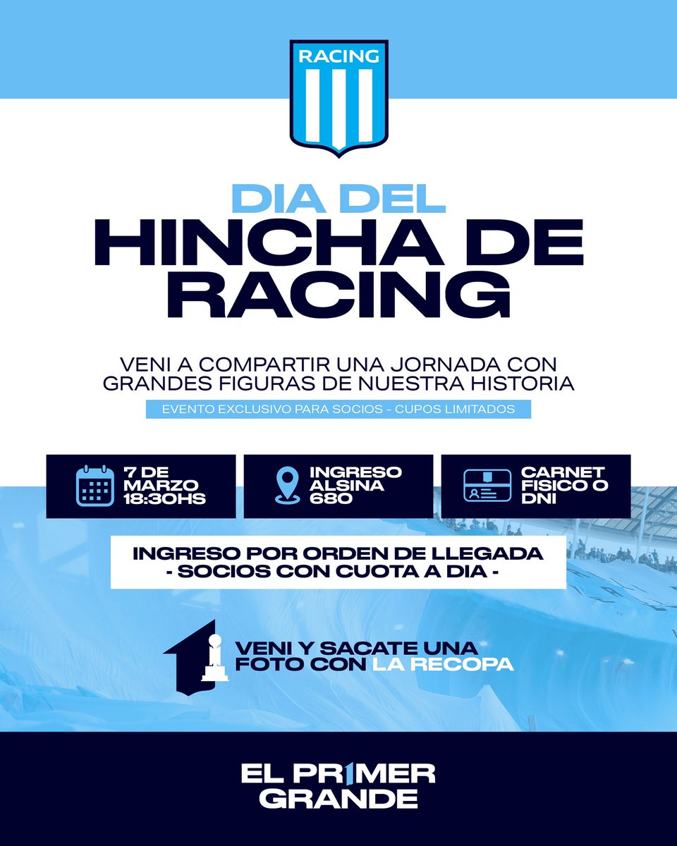 Racing Club (@racingclub) on Twitter photo Este viernes, la memoria se renueva. "Si llenamos nuestra cancha y no jugamos..." A 26 años de una demostración de amor sin igual, recordamos aquel 7 de marzo de 1999.
<a href="/DptoCultEHistRC/">Racing Club Dpto Cultura e Historia</a> <a href="/RacingSocios/">Socias/os Racing Club</a> Este viernes, la memoria se renueva. "Si llenamos nuestra cancha y no jugamos..." A 26 años de una demostración de amor sin igual, recordamos aquel 7 de marzo de 1999.
<a href="/DptoCultEHistRC/">Racing Club Dpto Cultura e Historia</a> <a href="/RacingSocios/">Socias/os Racing Club</a>