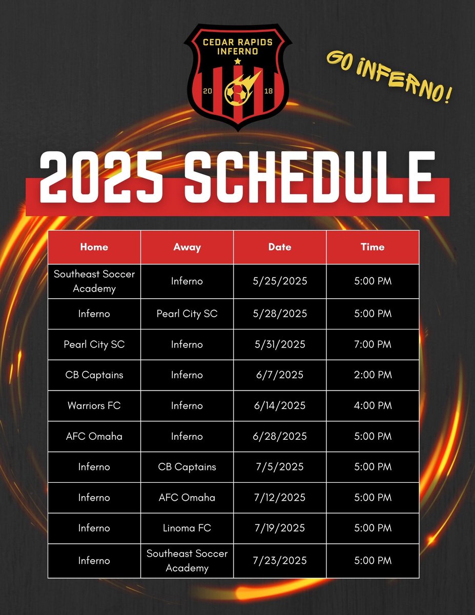 The wait is officially over! ⚽️ The Inferno are back and ready to defend our title from last year. 🏆 
Check out our 2025 season schedule and come support us as we aim to keep the championship in Iowa! 🔥 #InfernoSoccer #Champions