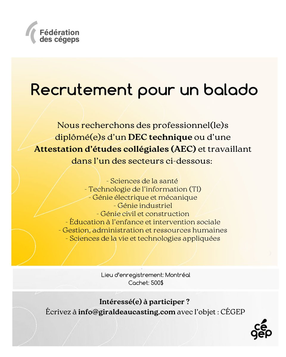 Do you have a DCS (DEC) or ACS (AEC) and work in the industry? You could be part of a podcast and get paid for it. Read details here on how to inquire about this opportunity: tinyurl.com/5n7mc25r

#graduate #podcast #dec #dcs #aec #acs #montreal