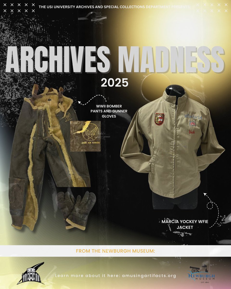 RiceLib's tweet image. Archives Madness 👏

From The Newburgh Museum

- WWII Bomber Pants and Gunner Gloves

- Marcia Yockey WFIE Jacket