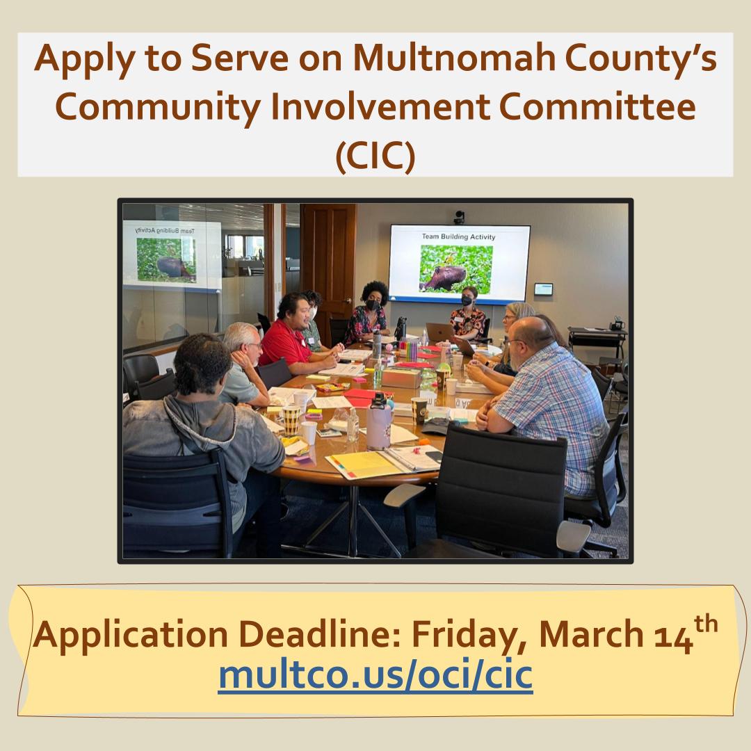 MultCoOCI's tweet image. ONE WEEK LEFT to apply for the Community Involvement Committee. We&apos;re seeking members who are passionate about improving how @multco engages the community in programs, policies, and decisions.
Learn more: multco.us/info/apply-com…
and apply online by 3/14: bttr.im/a6vcf