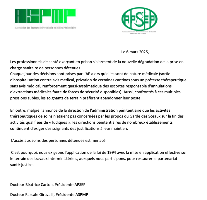 Communiqué
Alerte des professionnels de santé en prison : l'accès aux soins des personnes détenues est menacé.
<a href="/ApsepContact/">APSEP</a>
