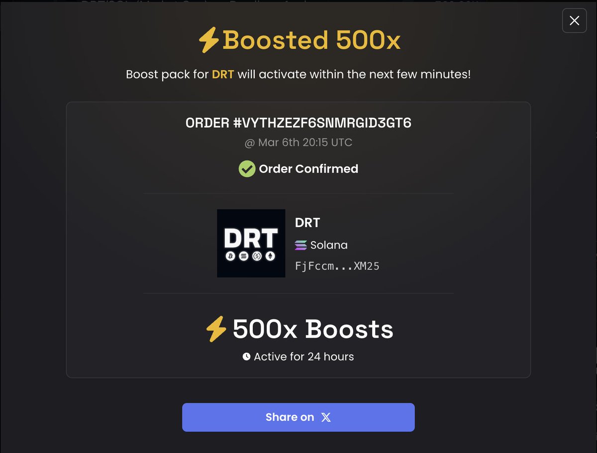DRT_SOL's tweet image. To celebrate the 500k mc milestone. 

We added a 500x golden boost on DEX for marketing purposes 

thank you for everyone staying with us!