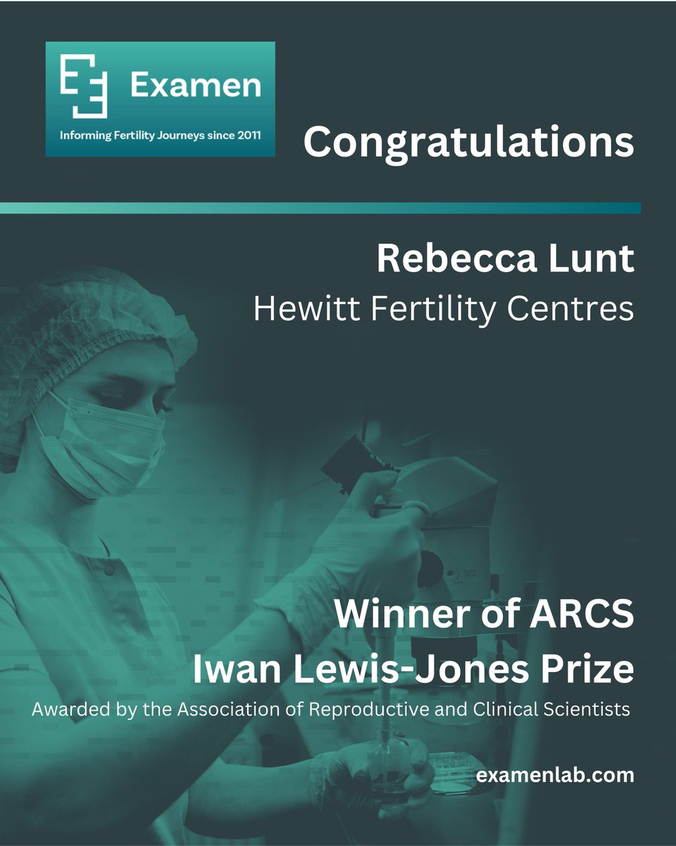 Examen (@examenlab) on Twitter photo Huge #congrats to Rebecca Lunt, Lead Clinical #Embryologist <a href="/HewittFertility/">Hewitt Fertility</a> on her award of the ARCS Iwan Lewis-Jones Prize @Fertility2025, which we are proud to have partnered with using our #Extend test to detect #dsDB. Advancing #fertility science is at the 🤍 of what we do! Huge #congrats to Rebecca Lunt, Lead Clinical #Embryologist <a href="/HewittFertility/">Hewitt Fertility</a> on her award of the ARCS Iwan Lewis-Jones Prize @Fertility2025, which we are proud to have partnered with using our #Extend test to detect #dsDB. Advancing #fertility science is at the 🤍 of what we do!