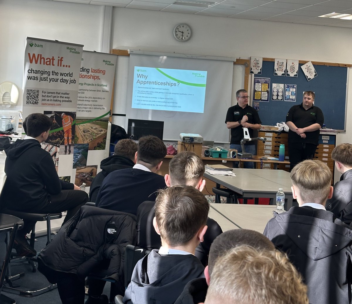 Big thank you to Ronnie and Sam from BAM Nuttall for coming in to present to our S3’s about the interesting life of a Civil Engineer and their Graduate Apprenticeship schemes! Great way for pupils to recognise pathways for after school👷🏼‍♂️🏗️ #ScotAppWeek25