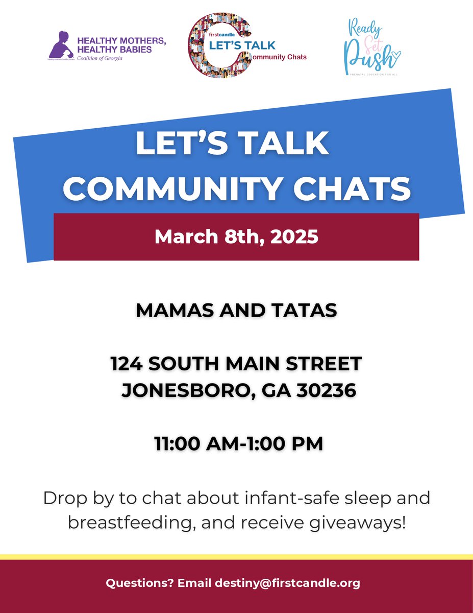 HMHBGeorgia's tweet photo. Drop by our first Let's Talk Community Chats on Saturday, March 8th to discuss infant safe sleep and breastfeeding, where you can connect with doulas, support persons, and caregivers. Plus, enjoy complimentary safe sleep supplies! Best of all, it's completely FREE! https://t.co/vjejFYYx0Y