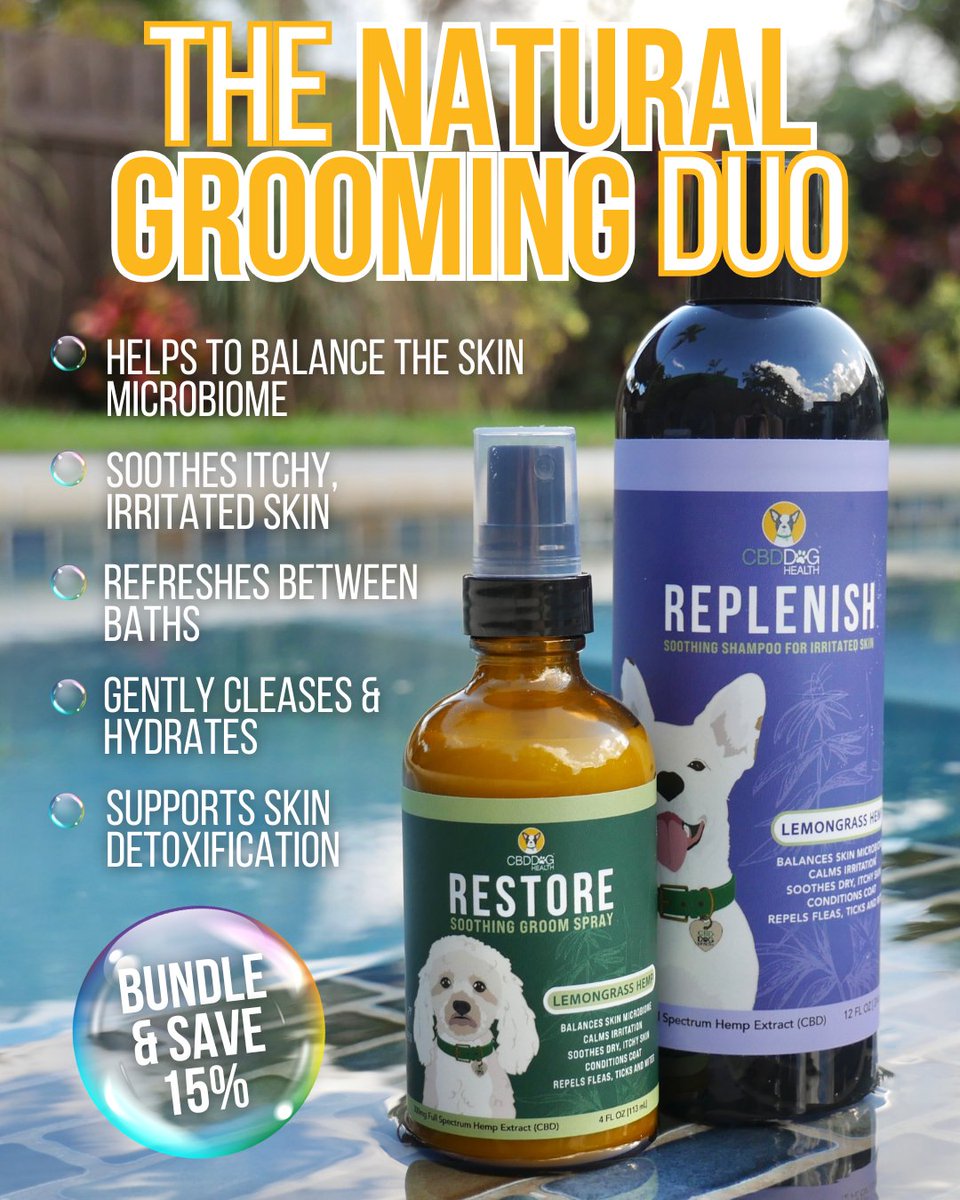 Your dog’s skin microbiome plays a vital role in their overall health—so why strip it away with harsh shampoos? Our Natural Grooming Duo is designed to support and restore skin homeostasis, keeping your pup’s skin barrier strong, hydrated, and itch-free.  cbddoghealth.com/product/natura…