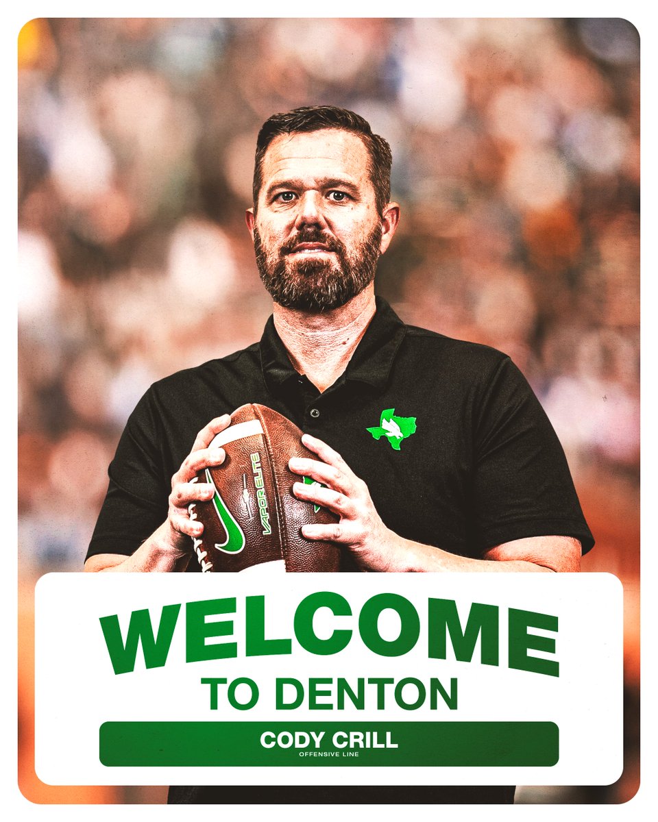UNT Football (@meangreenfb) on Twitter photo Please welcome <a href="/Coach_Crill/">Cody Crill</a> as our offensive line coach!
📰: northtex.as/4hfiK9g
#GMG🦅 Please welcome <a href="/Coach_Crill/">Cody Crill</a> as our offensive line coach!
📰: northtex.as/4hfiK9g
#GMG🦅