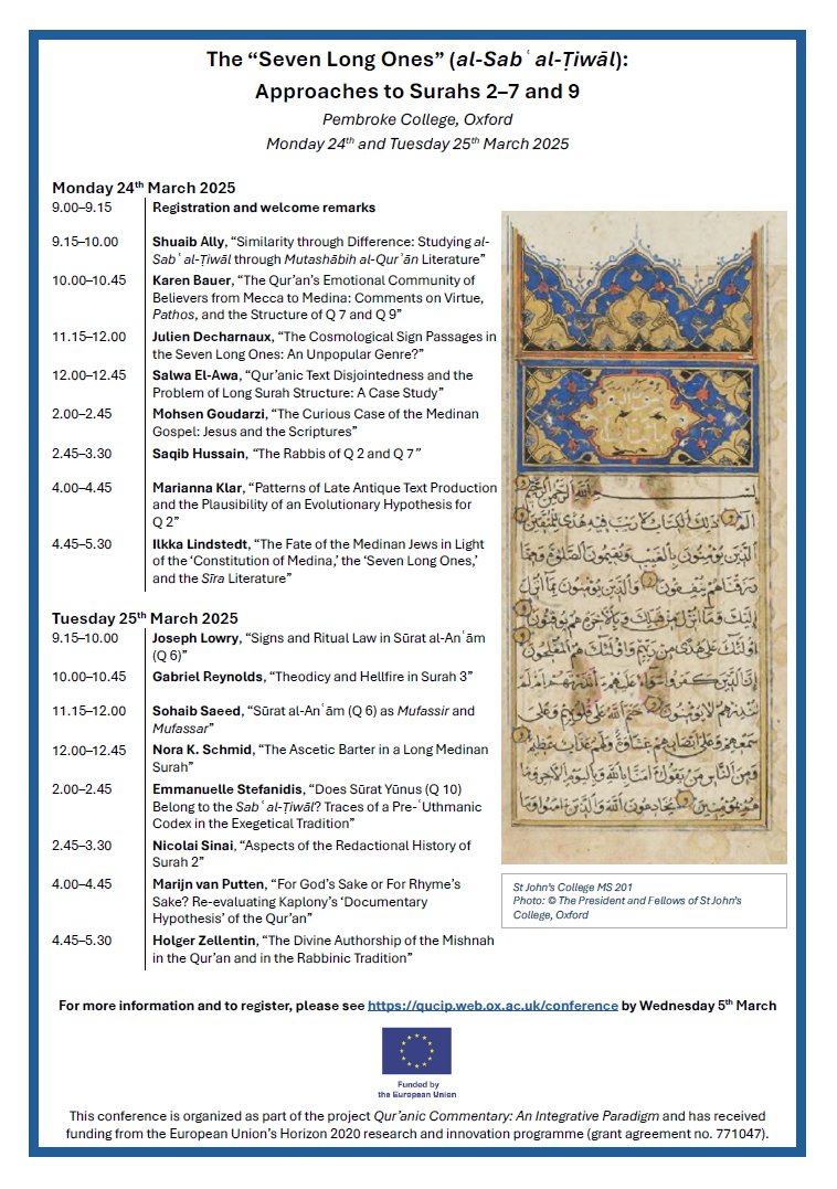In a couple of weeks time we have an exciting conference coming up in Oxford. 

Lot's of exciting talks.

I'll be presenting my thought's on Kaplony's engaging documentary hypothesis of the Qurʾān!

qucip.web.ox.ac.uk/conference