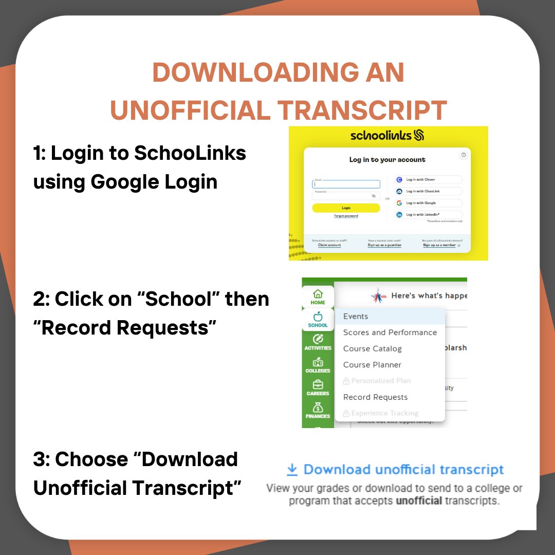 Students can now download their own unofficial transcripts! Unofficial transcripts are commonly needed for scholarship applications, proof of grades for insurance and driver privileges and some aspects of the college application process. Access at schoolinks.com