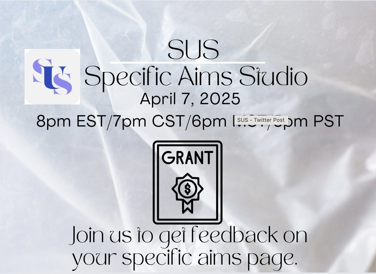 Society of University Surgeons (SUS) (@univsurg) on Twitter photo Apply to attend the <a href="/UnivSurg/">Society of University Surgeons (SUS)</a> Specific Aims Studio to get feedback on your specific aims page by senior members of the SUS before your next grant submission.
Deadline to apply is March 14, check your email to apply.
<a href="/TomVargheseJr/">Tom Varghese Jr. MD, MS, MBA, FACS, MAMSE 🇺🇸</a> <a href="/gmboland/">Genevieve Boland, MD, PhD</a> <a href="/AshGosain/">Ankush Gosain</a> <a href="/Levi_Lab/">Levi_Lab</a> Apply to attend the <a href="/UnivSurg/">Society of University Surgeons (SUS)</a> Specific Aims Studio to get feedback on your specific aims page by senior members of the SUS before your next grant submission.
Deadline to apply is March 14, check your email to apply.
<a href="/TomVargheseJr/">Tom Varghese Jr. MD, MS, MBA, FACS, MAMSE 🇺🇸</a> <a href="/gmboland/">Genevieve Boland, MD, PhD</a> <a href="/AshGosain/">Ankush Gosain</a> <a href="/Levi_Lab/">Levi_Lab</a>