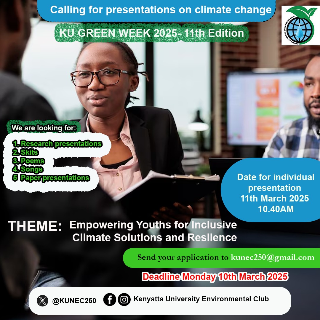 KU ENVIRONMENT CLUB (@kunec250) on Twitter photo #GreenWeek25 is looking for individual presentation on poem, song, skit paper or research presentation regarding youths for inclusive climate solutions and resilience. Send your application to kunec250@gmail.com
#MyEnvironmentMyResponsibility.
#GreenWeek25
#YouthsAndClimate #GreenWeek25 is looking for individual presentation on poem, song, skit paper or research presentation regarding youths for inclusive climate solutions and resilience. Send your application to kunec250@gmail.com
#MyEnvironmentMyResponsibility.
#GreenWeek25
#YouthsAndClimate