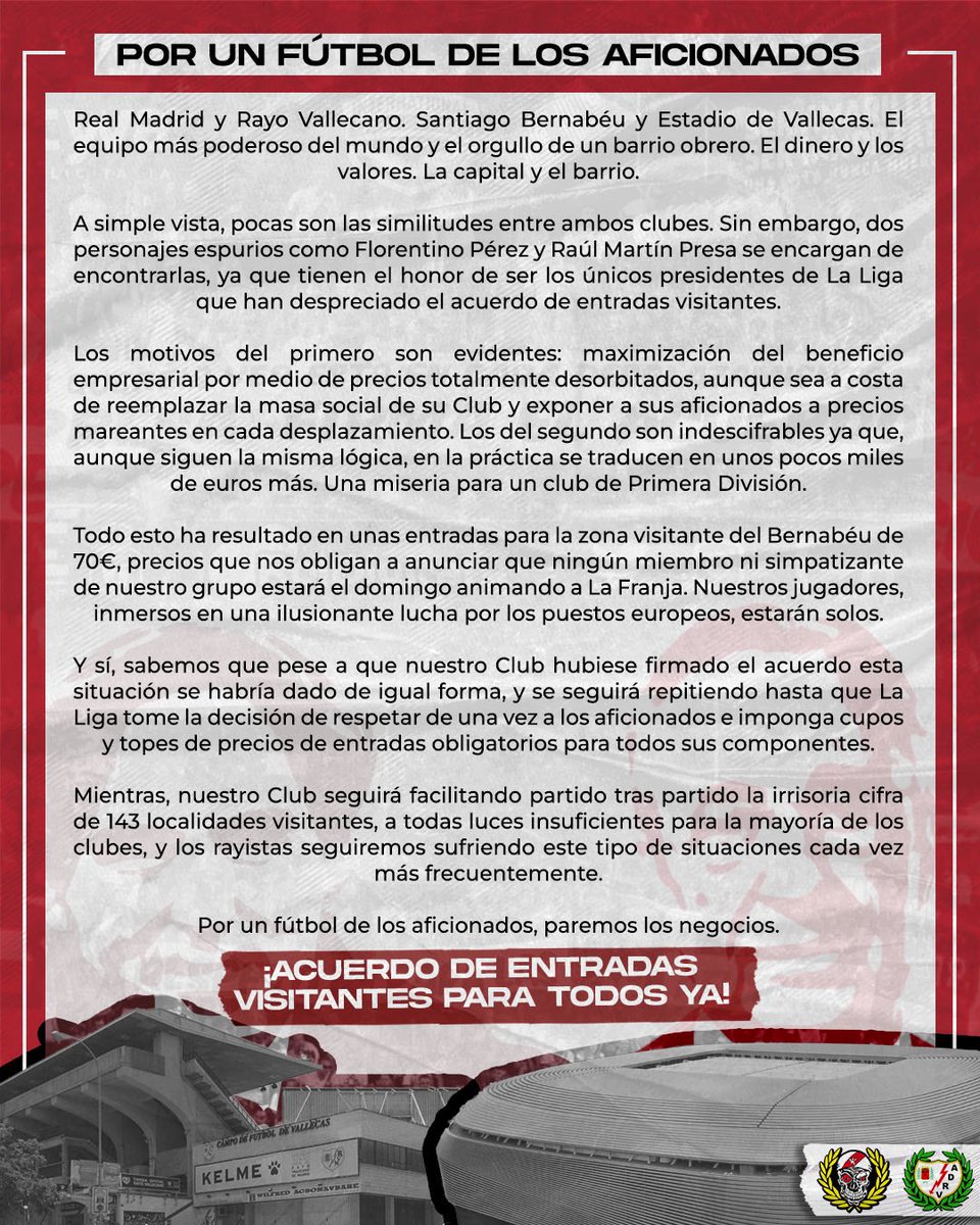 ¿La mejor Liga del mundo?

No mientras personajes como Florentino y Presa estén por delante de los aficionados.

- % mínimo de entradas.
- Tope de precio.
- Obligatorio para todos los clubes.

Por un fútbol para todos, paremos los negocios.