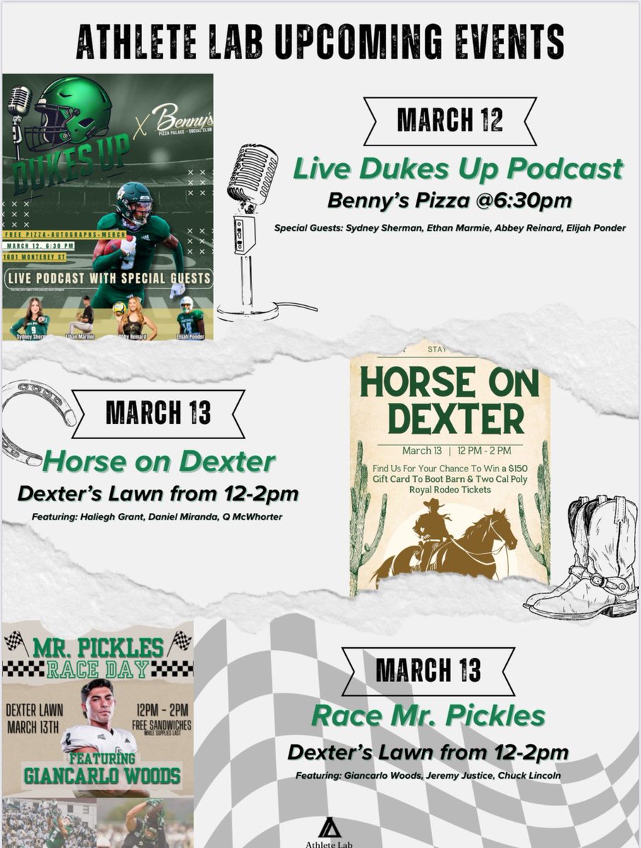 AthleteLabTeam's tweet image. We have your @calpoly finals study breaks planned! Come check out our #NIL events featuring members of @calpolyfootball , CP -#Rodeo, and star #studentathletes from #baseball, #football, #beachvolleyball and more!