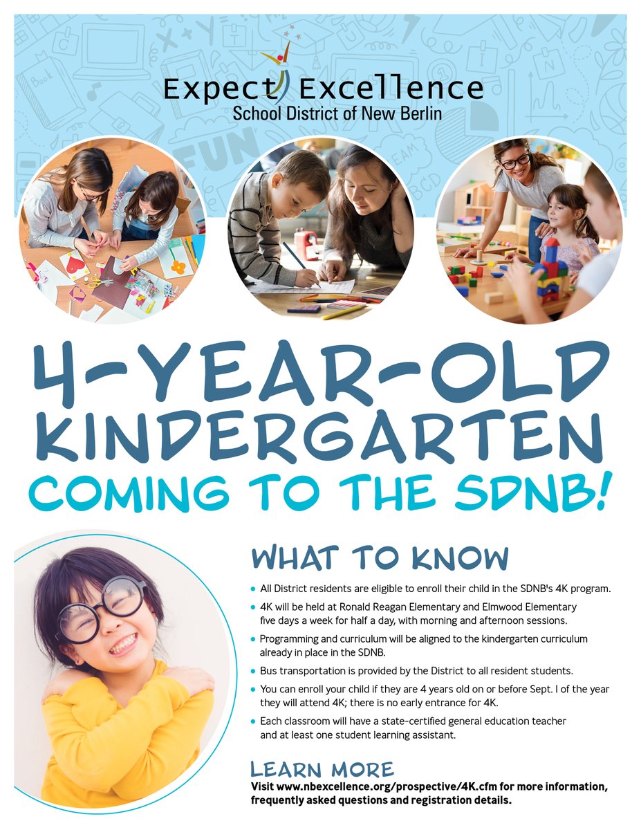 Registration for our new our new 4K program is open! Jump-start learning with:

- half-day sessions
- at Ronald Reagan &amp; Elmwood Elem.
- aligned w/ our 5K curriculum
- bus for resident students
- must be 4 by Sept. 1

Register and learn more at nbexcellence.org/prospective/4K… #SDNB