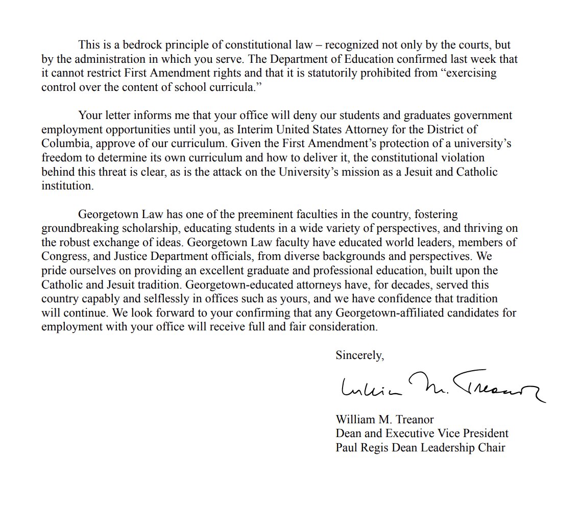 Alex Morey (@1amorey) on Twitter photo Brilliant response from <a href="/GeorgetownLaw/">Georgetown Law</a> in clear-eyed defense of student and faculty rights:
"The First Amendment guarantees that the government cannot direct what Georgetown and its faculty teach and how to teach it." Brilliant response from <a href="/GeorgetownLaw/">Georgetown Law</a> in clear-eyed defense of student and faculty rights:
"The First Amendment guarantees that the government cannot direct what Georgetown and its faculty teach and how to teach it."