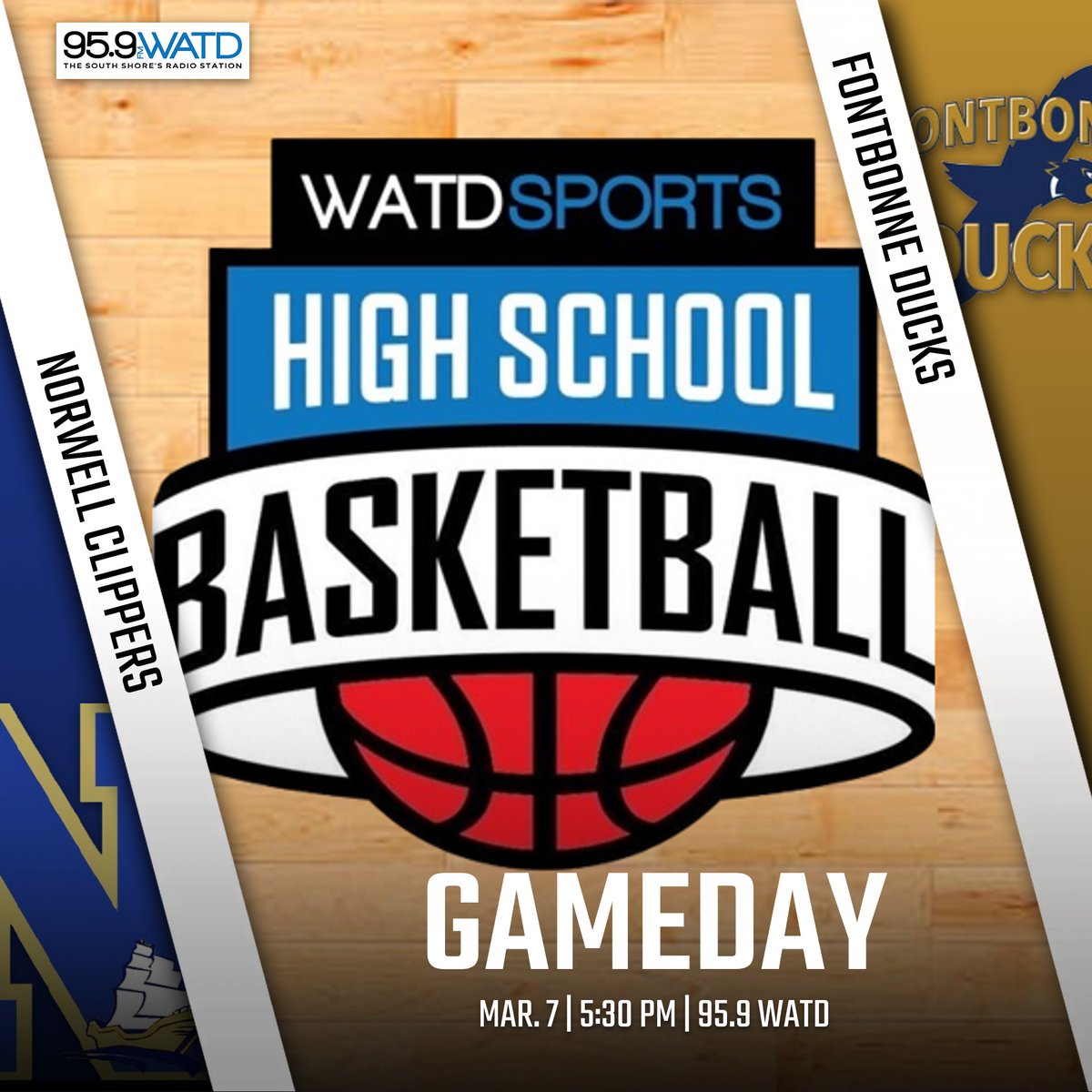 WATD Sports (@seonwatd) on Twitter photo PROGRAMMING UPDATE:
Tomorrow night on <a href="/959watdfm/">WATD-FM 🎙</a>, we've got an Elite 8 doubleheader!
First, <a href="/girlsnhshoops/">Norwell Girls Basketball</a> hosts <a href="/Fontbonnehoop/">Fontbonne Basketball</a> at 5:30
Then, <a href="/ClipperAD/">Norwell HS Athletics</a> takes on <a href="/han_athletics/">Hanover HS Athletics</a> right after
Spots in the girls and boys state semifinals on the line in Norwell! PROGRAMMING UPDATE:
Tomorrow night on <a href="/959watdfm/">WATD-FM 🎙</a>, we've got an Elite 8 doubleheader!
First, <a href="/girlsnhshoops/">Norwell Girls Basketball</a> hosts <a href="/Fontbonnehoop/">Fontbonne Basketball</a> at 5:30
Then, <a href="/ClipperAD/">Norwell HS Athletics</a> takes on <a href="/han_athletics/">Hanover HS Athletics</a> right after
Spots in the girls and boys state semifinals on the line in Norwell!