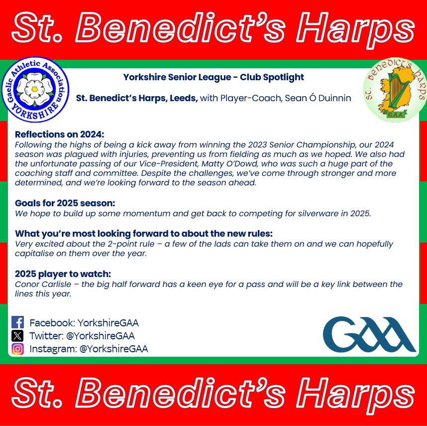 Yorkshire GAA (@yorkshiregaa) on Twitter photo 🚨 Yorkshire Senior Football League Spotlight - St. Benedict’s Harps, Leeds 🏐
With the 2025 season just around the corner, we’re shining a light on the teams ready to battle it out! ⚽🔥
<a href="/BenedictsHarps/">St. Benedicts Harps Leeds GAA</a> 🚨 Yorkshire Senior Football League Spotlight - St. Benedict’s Harps, Leeds 🏐
With the 2025 season just around the corner, we’re shining a light on the teams ready to battle it out! ⚽🔥
<a href="/BenedictsHarps/">St. Benedicts Harps Leeds GAA</a>