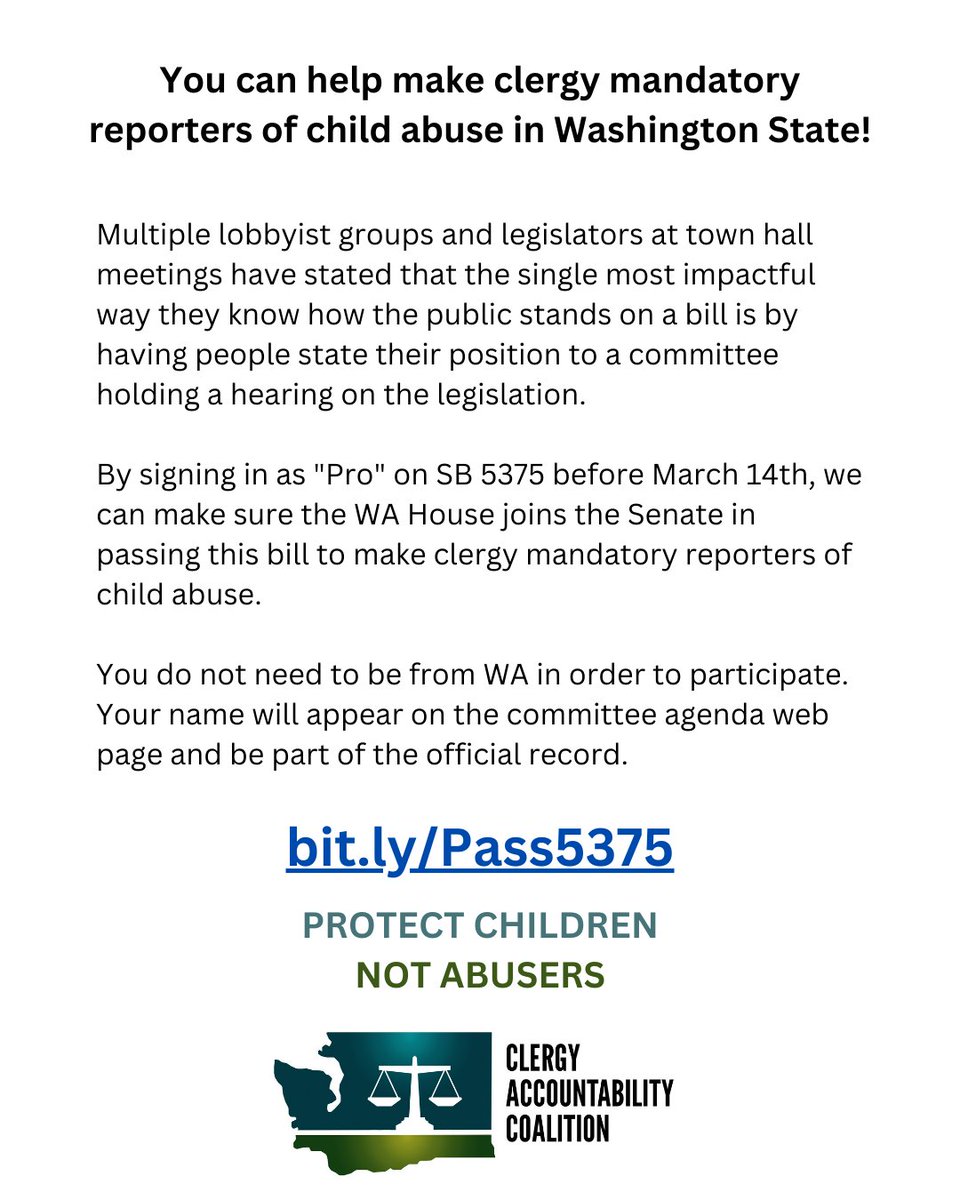 There is another opportunity to add your voice and help us pass a law making clergy mandatory reporters in Washington State. This will likely be the last chance for public comment before a committee.

Those outside WA can state their position too.

bit.ly/Pass5375