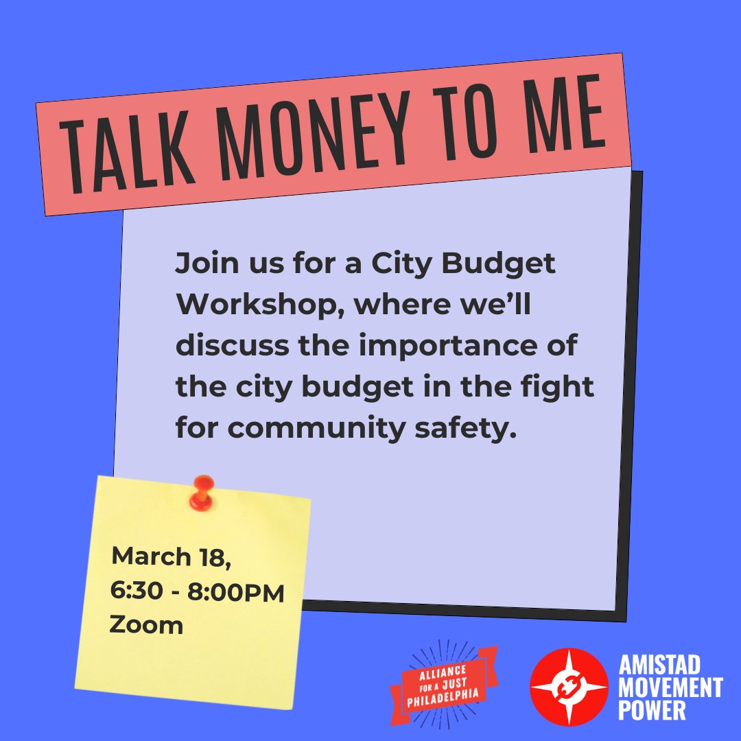 AmistadPower's tweet image. It's budget season in Philly! Join us for a teach-in on March 18, where we’ll talk about why this is one of the most important moments in our fight for real community safety––and what you can do to win big for our communities.
Register here to join us: zoom.us/meeting/regist…