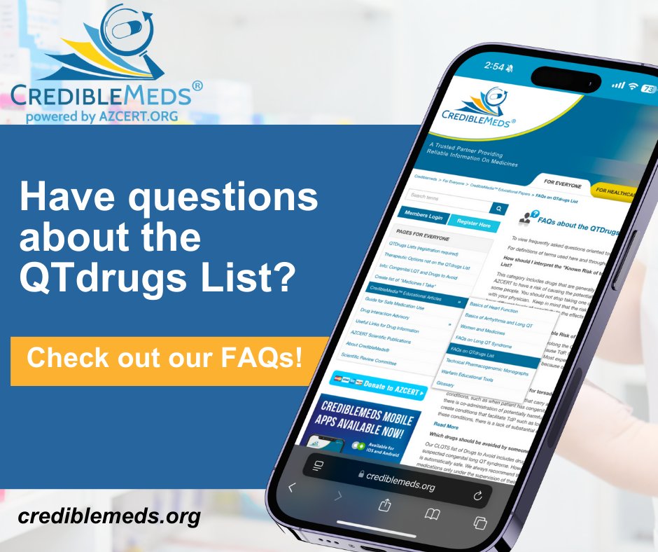 Got questions about the QTdrugs List? Check out our FAQs.

Learn more:
crediblemeds.org/index.php/ever…

#CredibleMeds #QTdrugList #DrugSafety #MedicationSafety #Healthcare #AZCERT #QTdrugsList