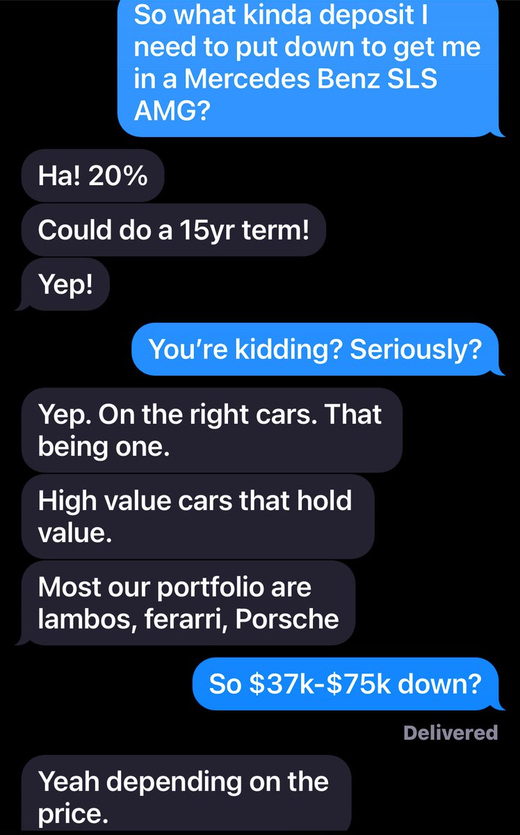 Continuing the theme of “I thought fancy cars meant you made it”…asked a buddy of mine who does luxury car lending.

$37k-$75k down gets you in Ferrari, Lambo, McLaren, etc.

Obv I have better taste.